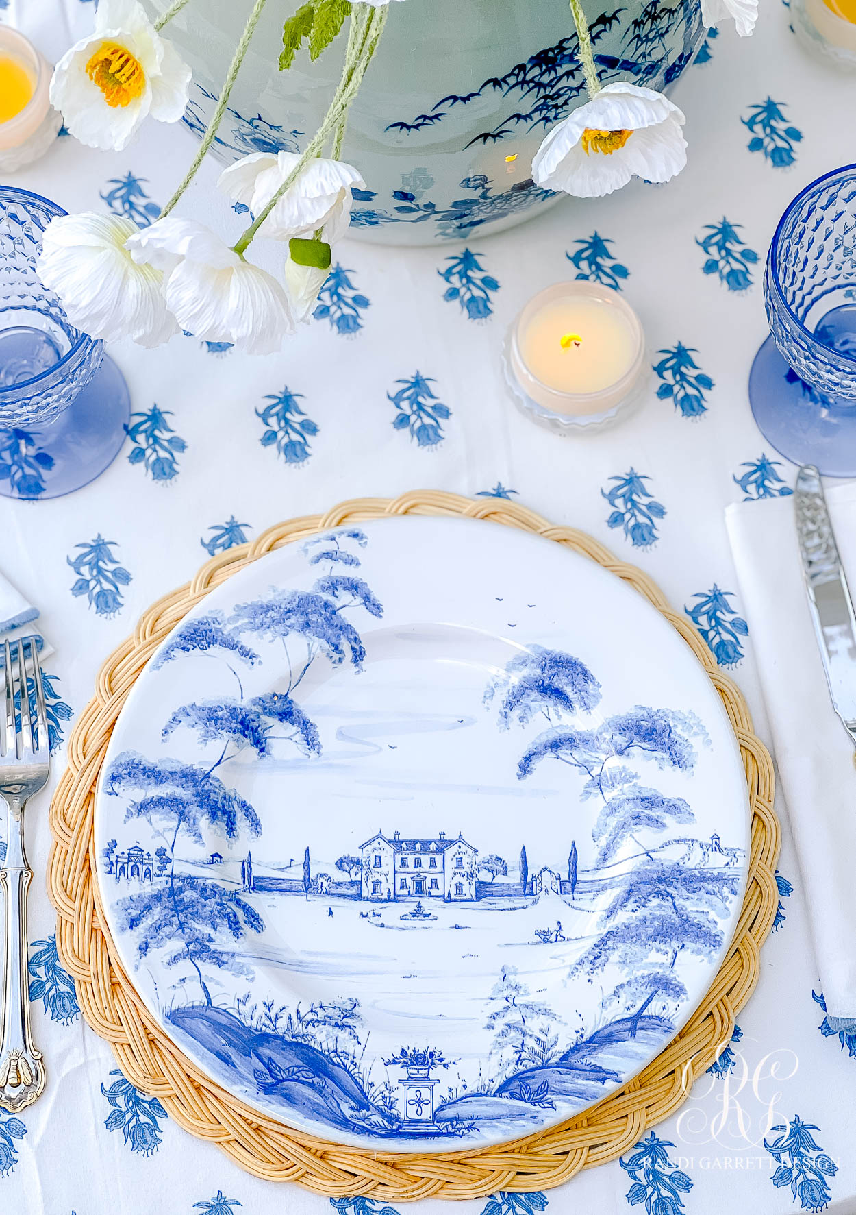 blue white dishes summer table