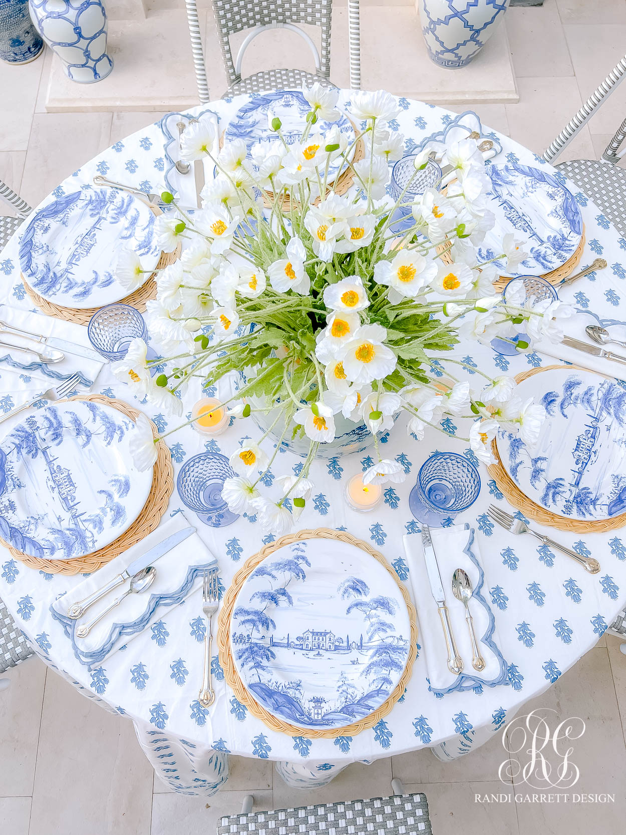 blue white summer table scape