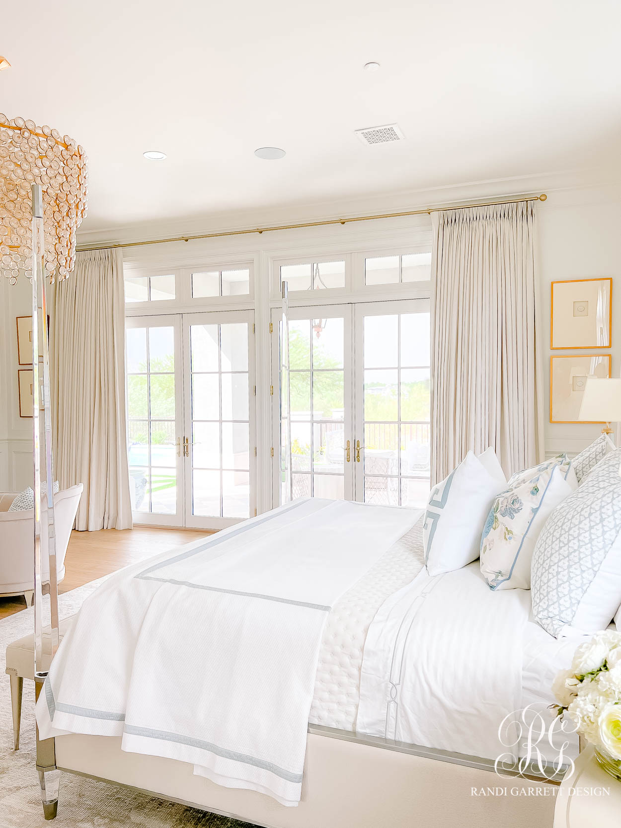 French doors custom drapes luxe main bedroom