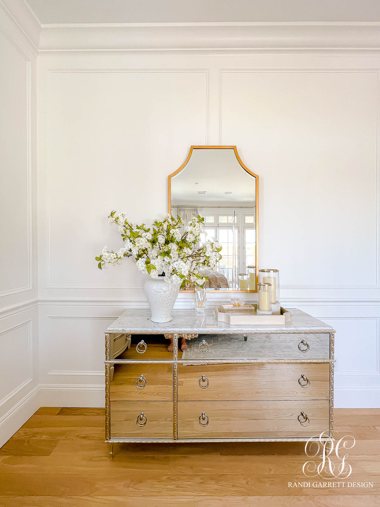 mirrored dresser cherry blossom arrangement