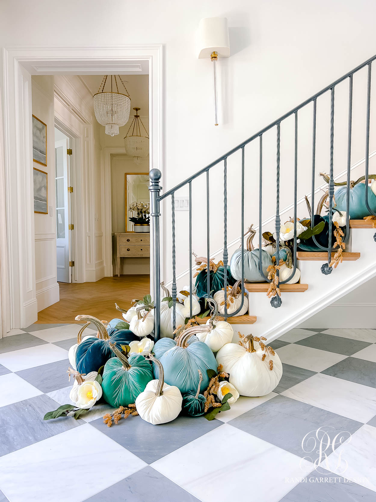 velvet pumpkin stairs fall decor