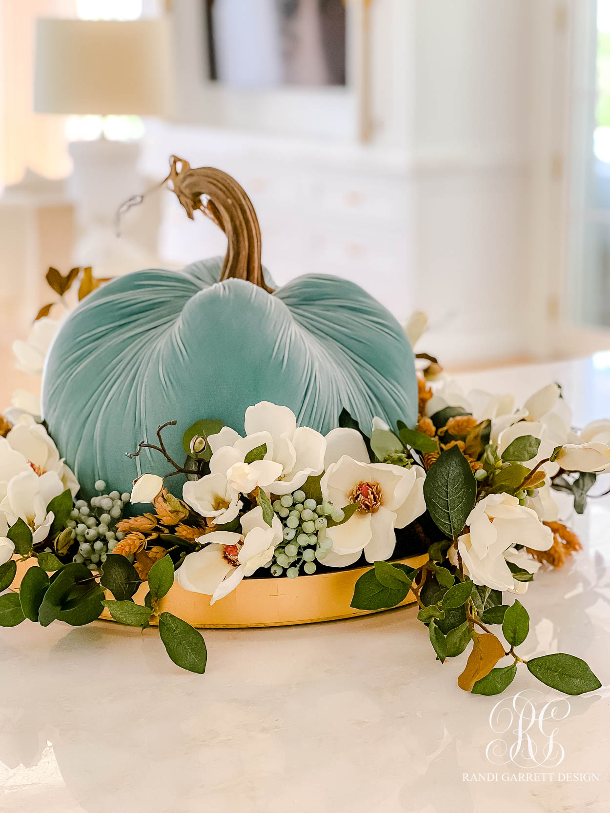 blue velvet pumpkin fall magnolia arrangement 