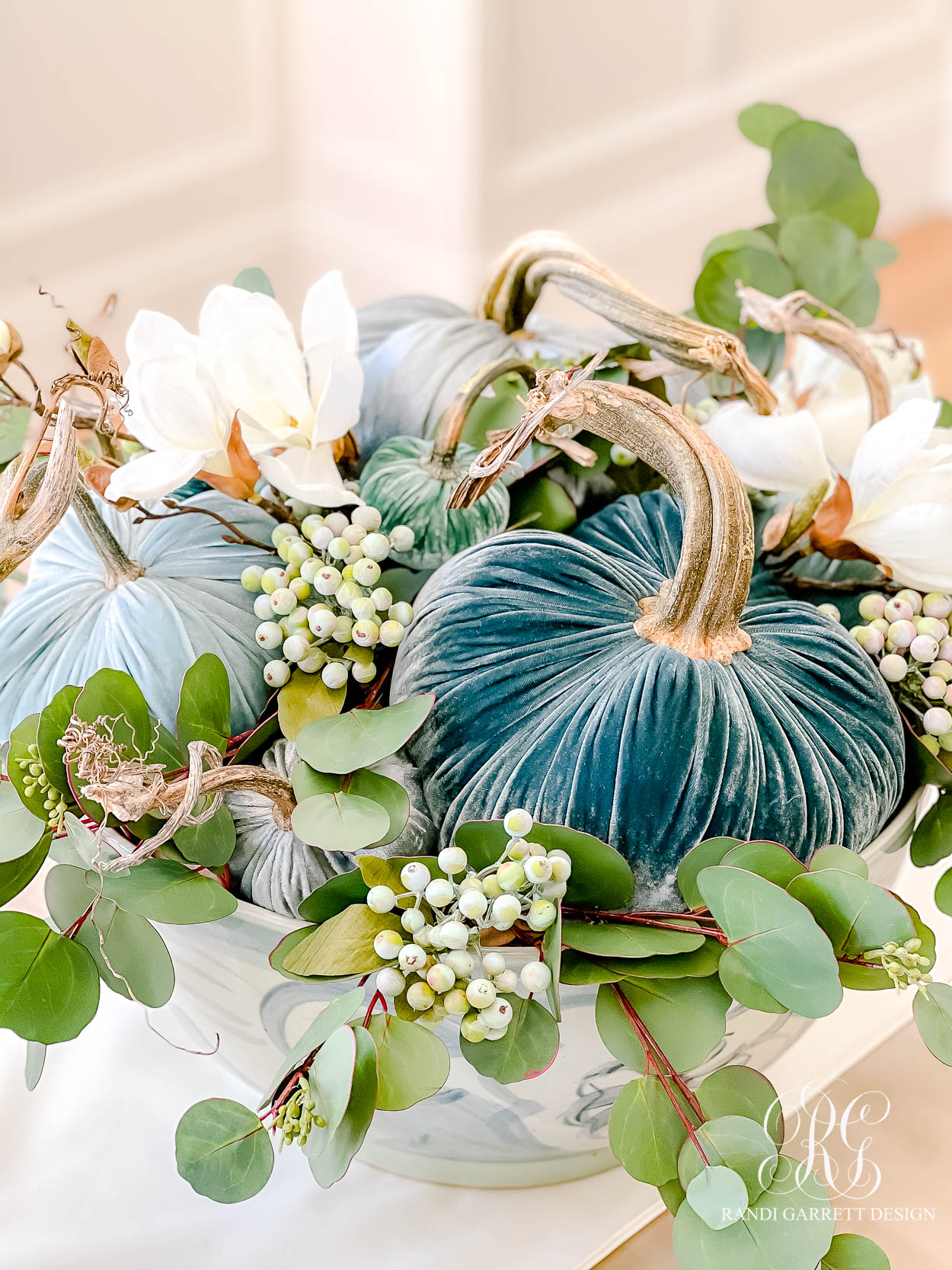 Foyer Decorating Ideas for Fall Featuring Pastel Colors & Velvet Pumpkins