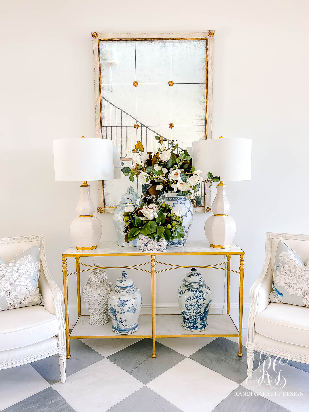 gray white checkered floors entryway