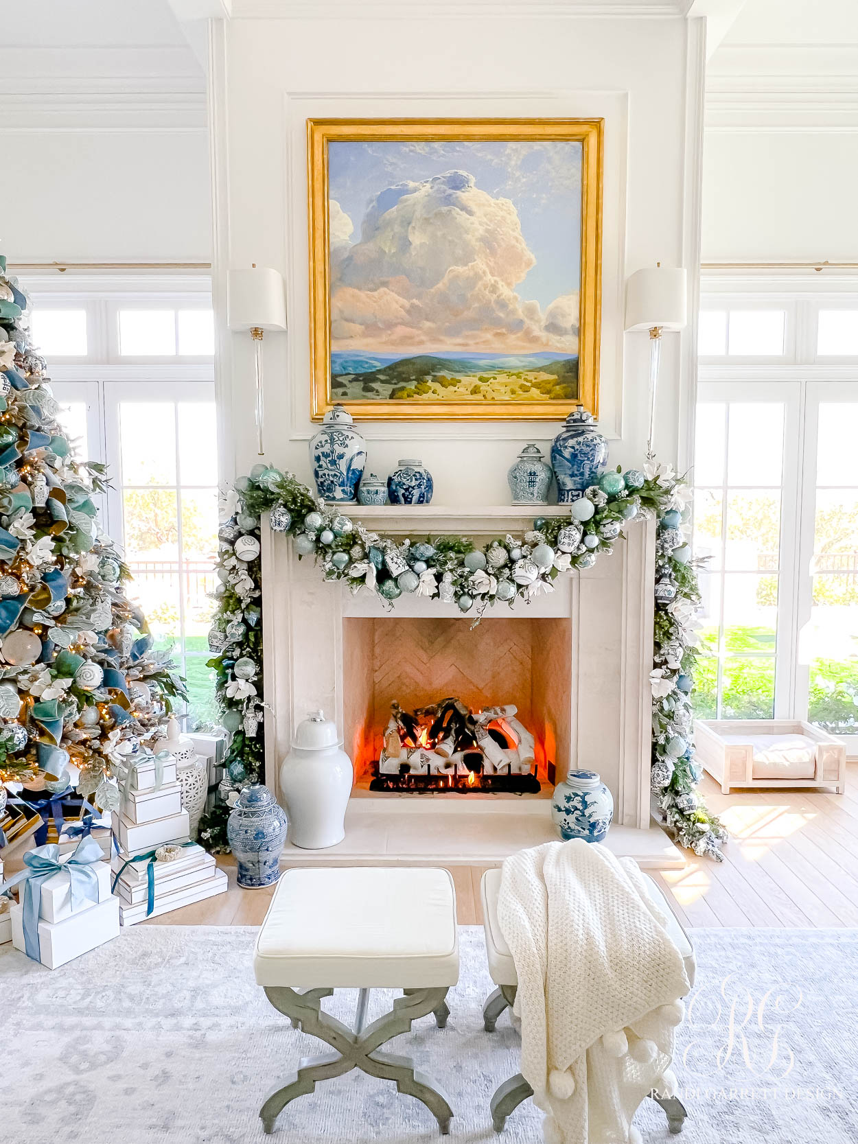 Blue and White Christmas Family Room