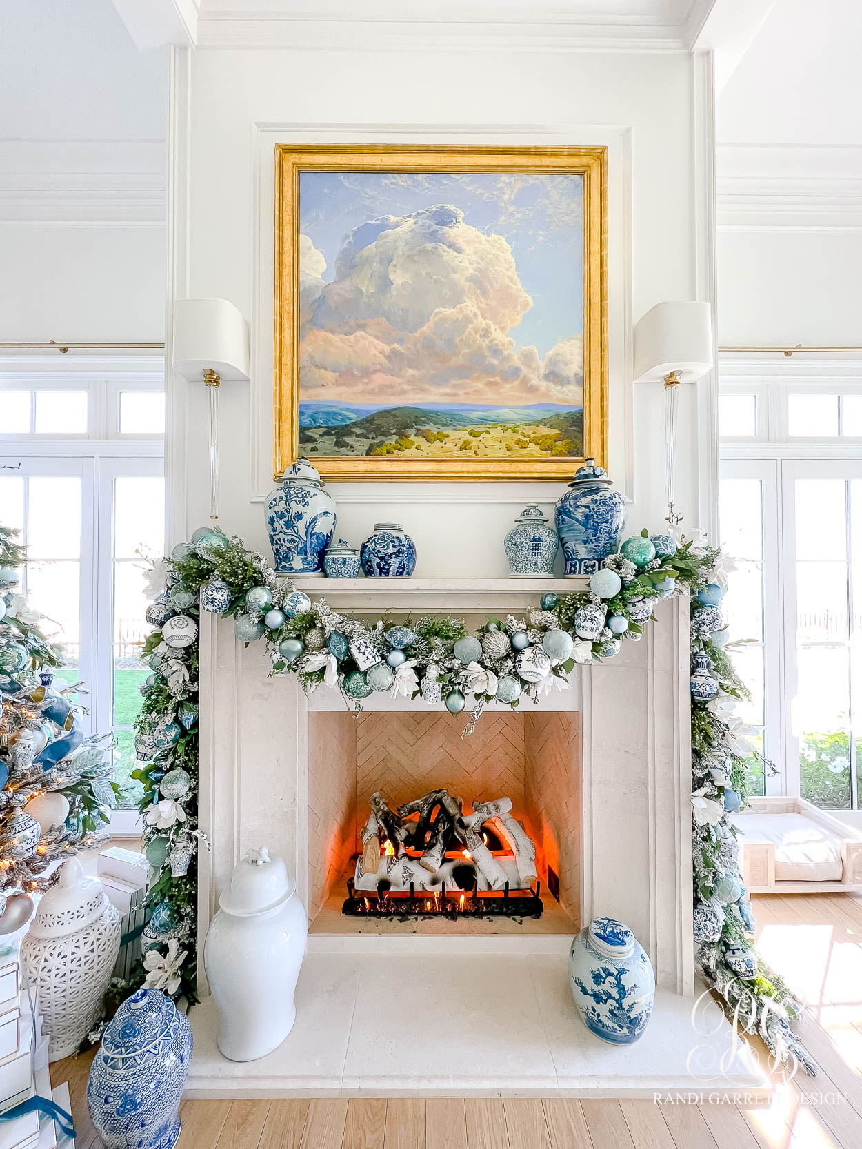 Blue and White Christmas mantel ginger jars