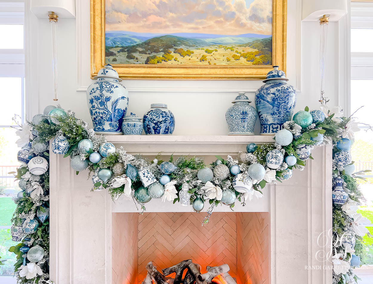 Blue and White ginger jar Christmas mantel