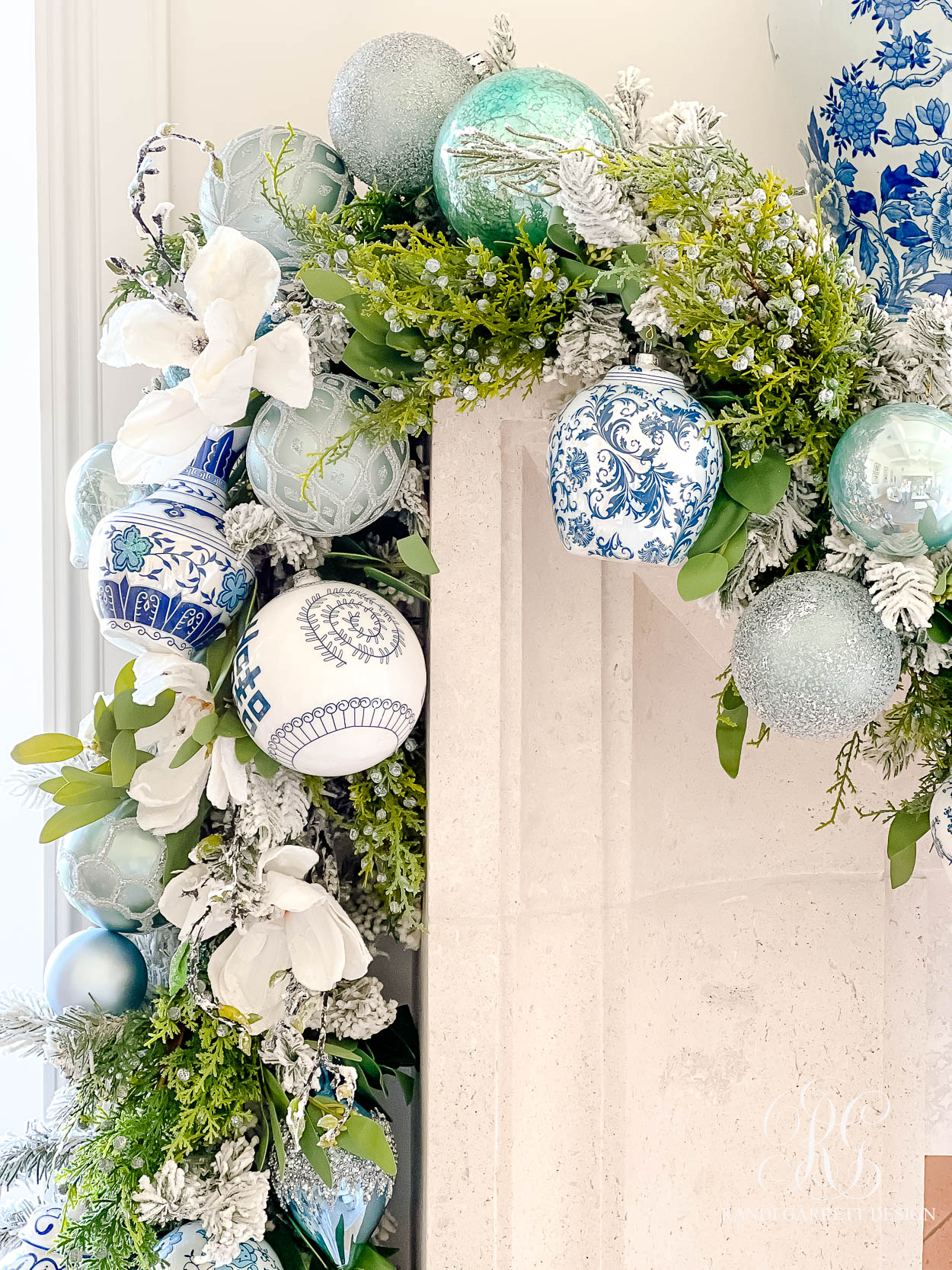 Blue and White ginger jar Christmas mantel