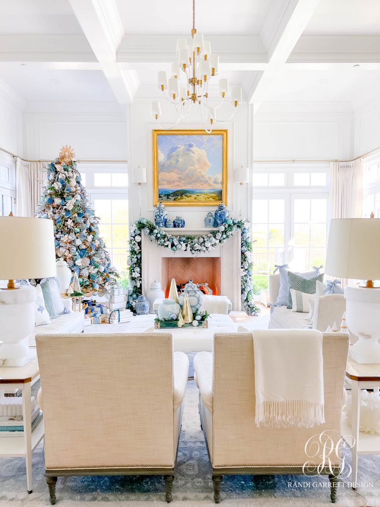 Blue and White Christmas Family Room - Randi Garrett Design
