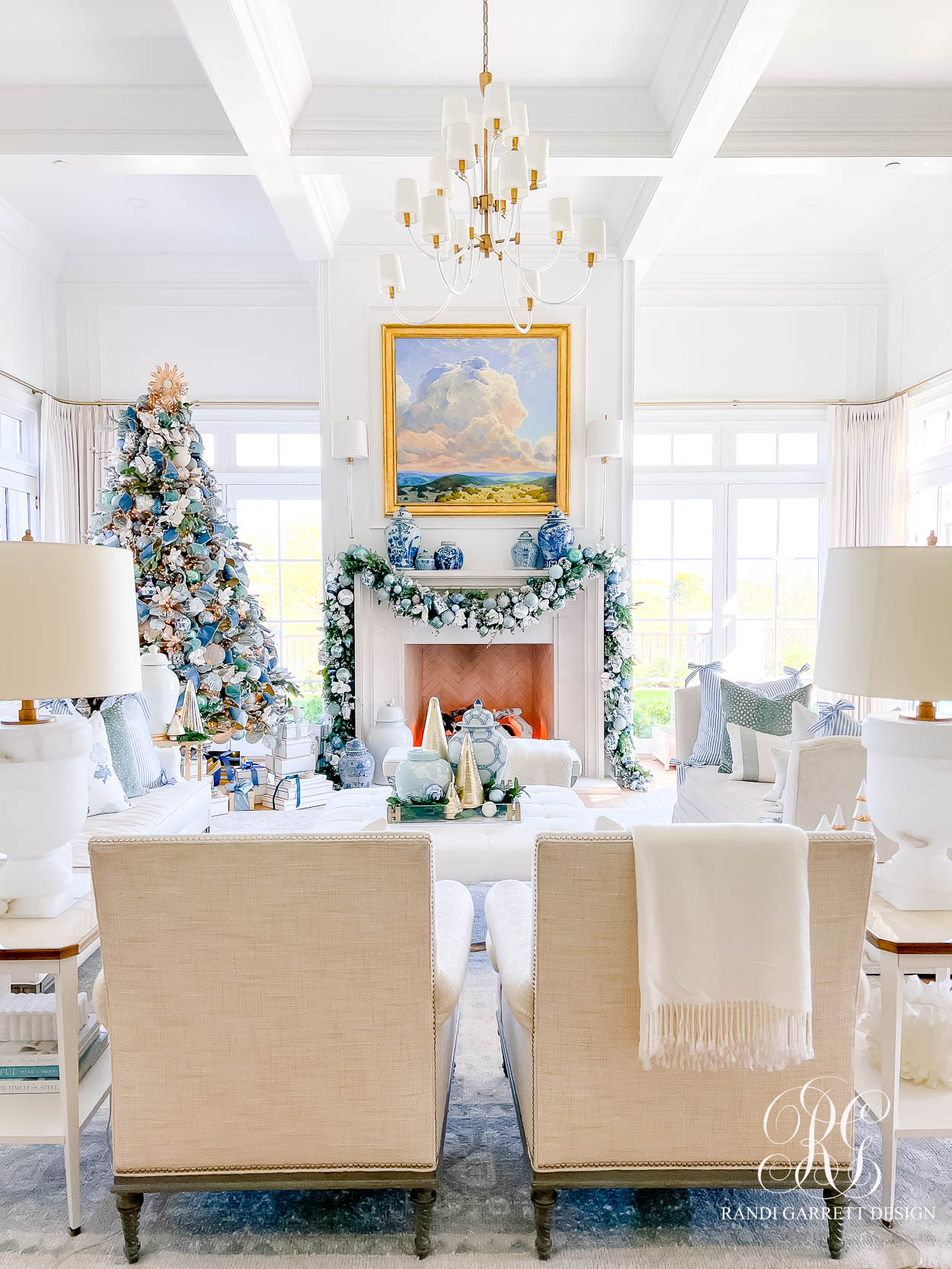 Blue and White Christmas Family Room