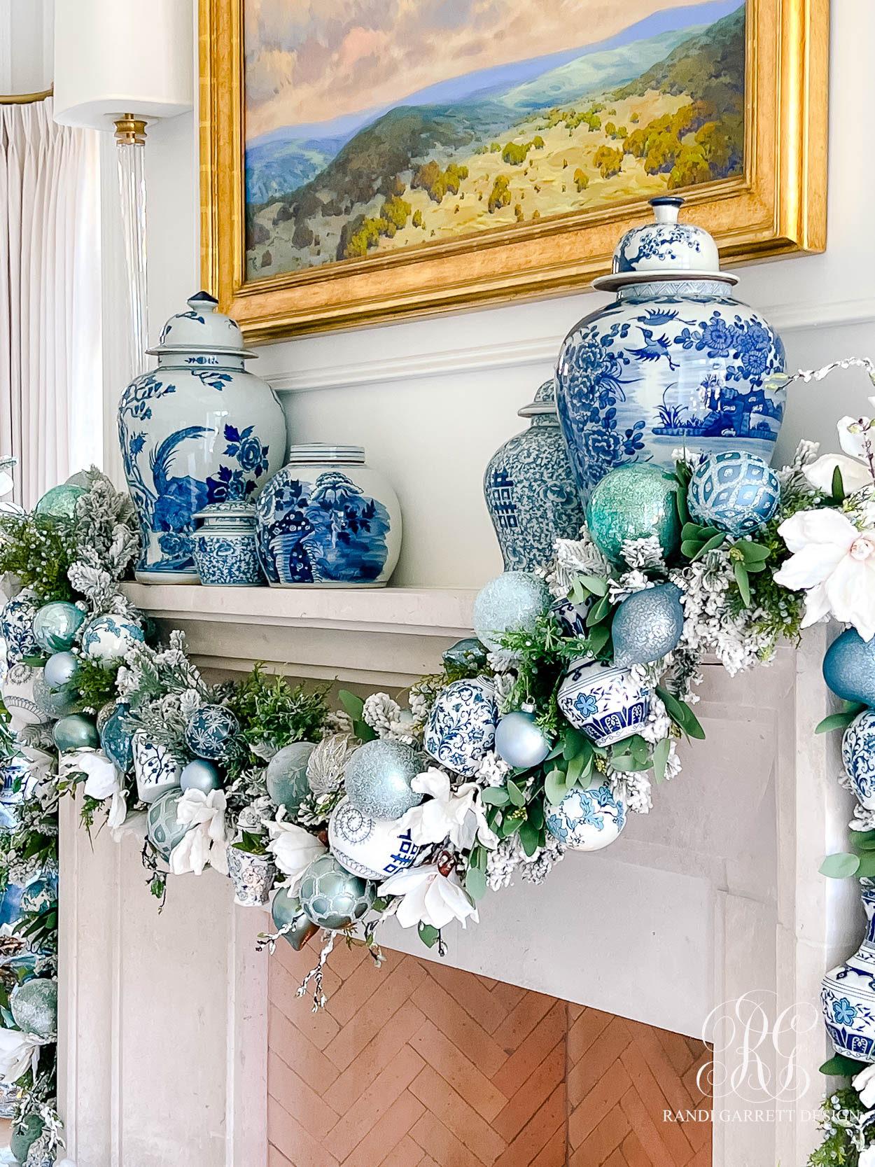 Blue and White Christmas Fireplace mantel ginger jars
