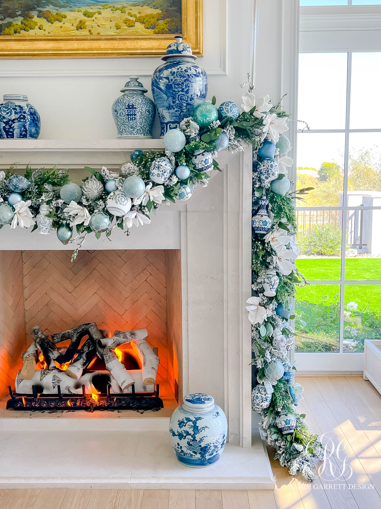 Blue and White ginger jar Christmas mantel fireplace
