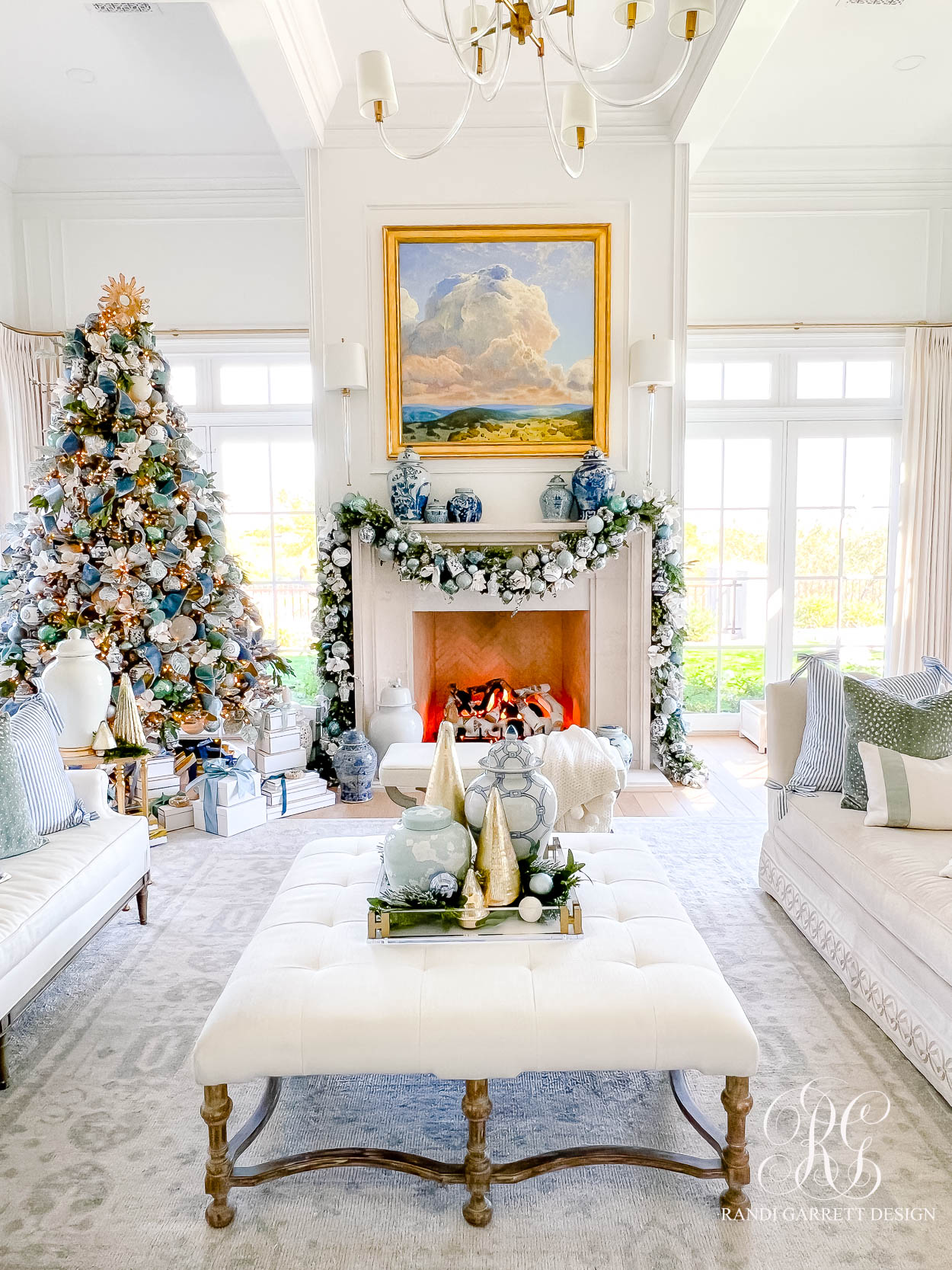 Blue and White Christmas Family Room