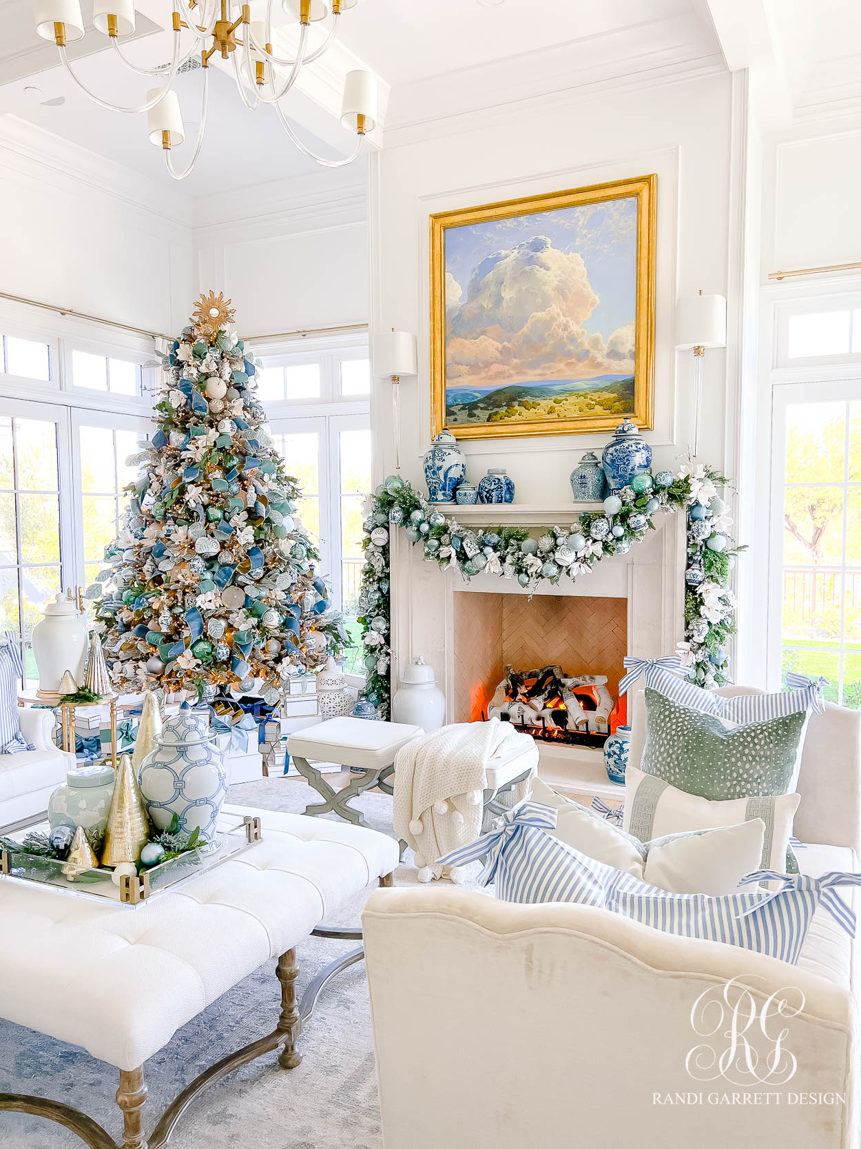 Blue and White Christmas Family Room