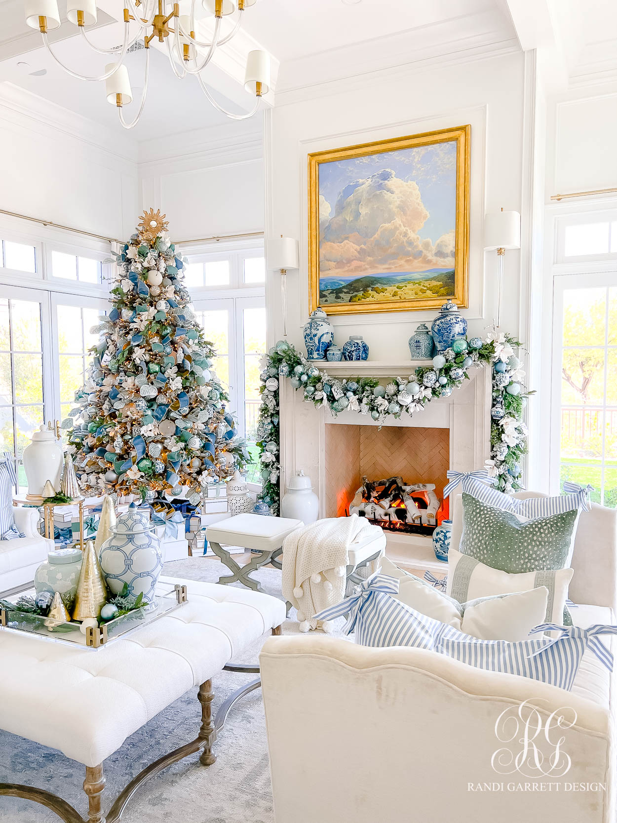 Blue and White Christmas Family Room - Randi Garrett Design