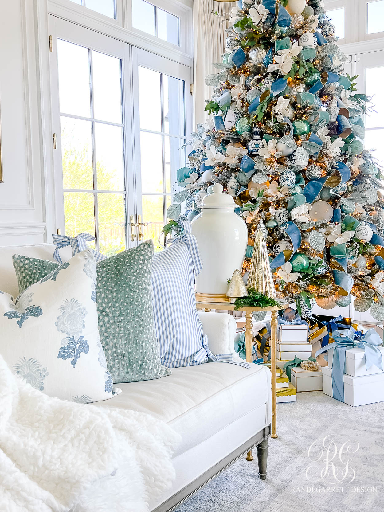 blue white aqua throw pillow Blue and White Christmas Family Room