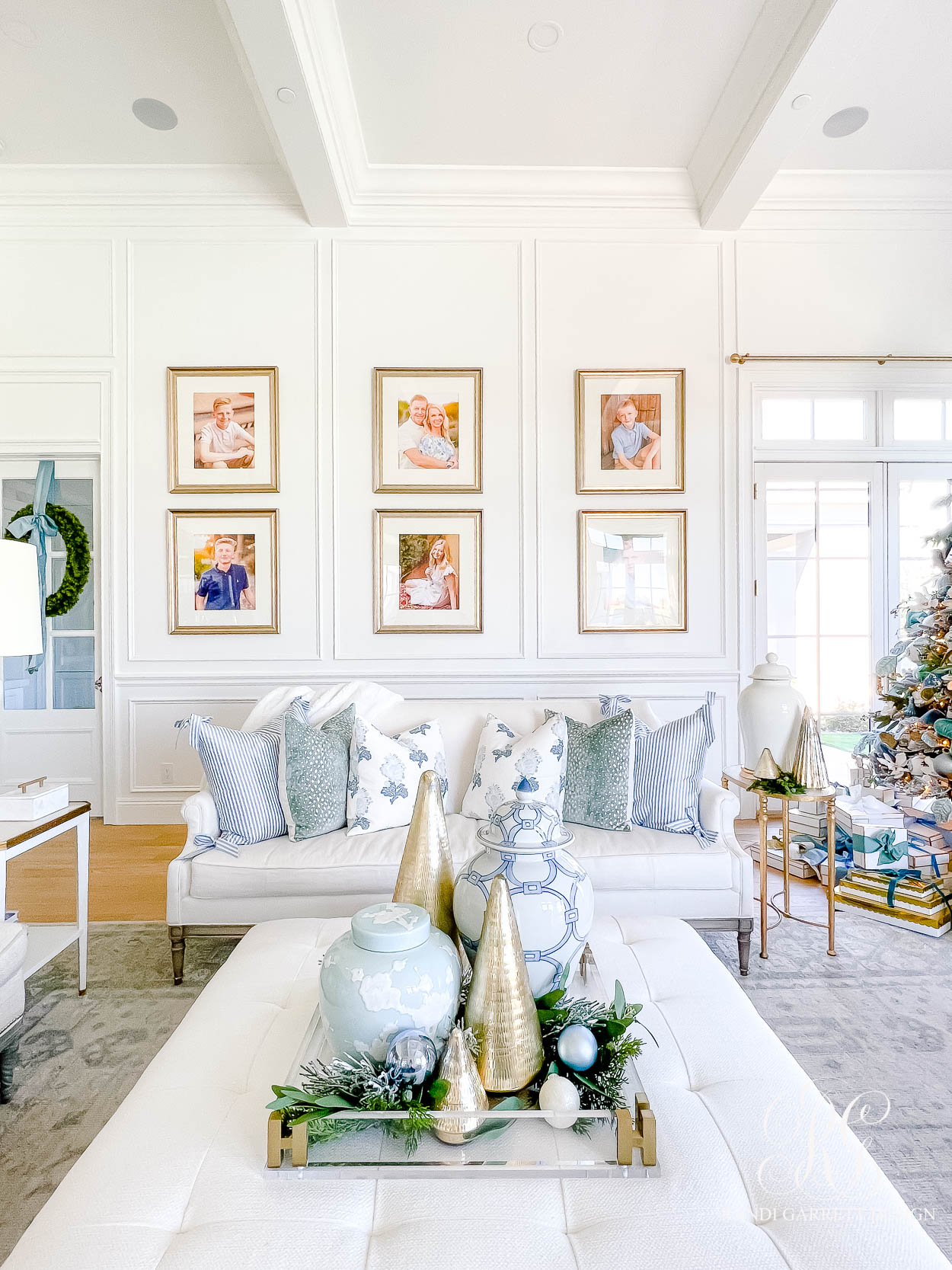 Blue and White Christmas Family Room