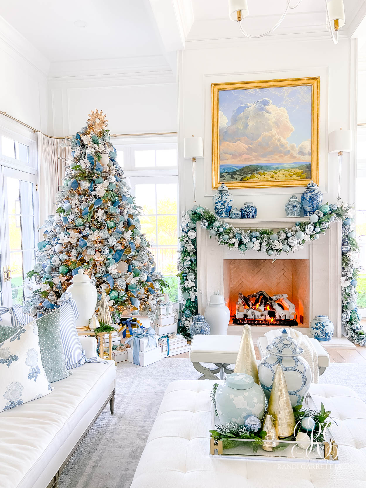elegant Blue and White Christmas Family Room