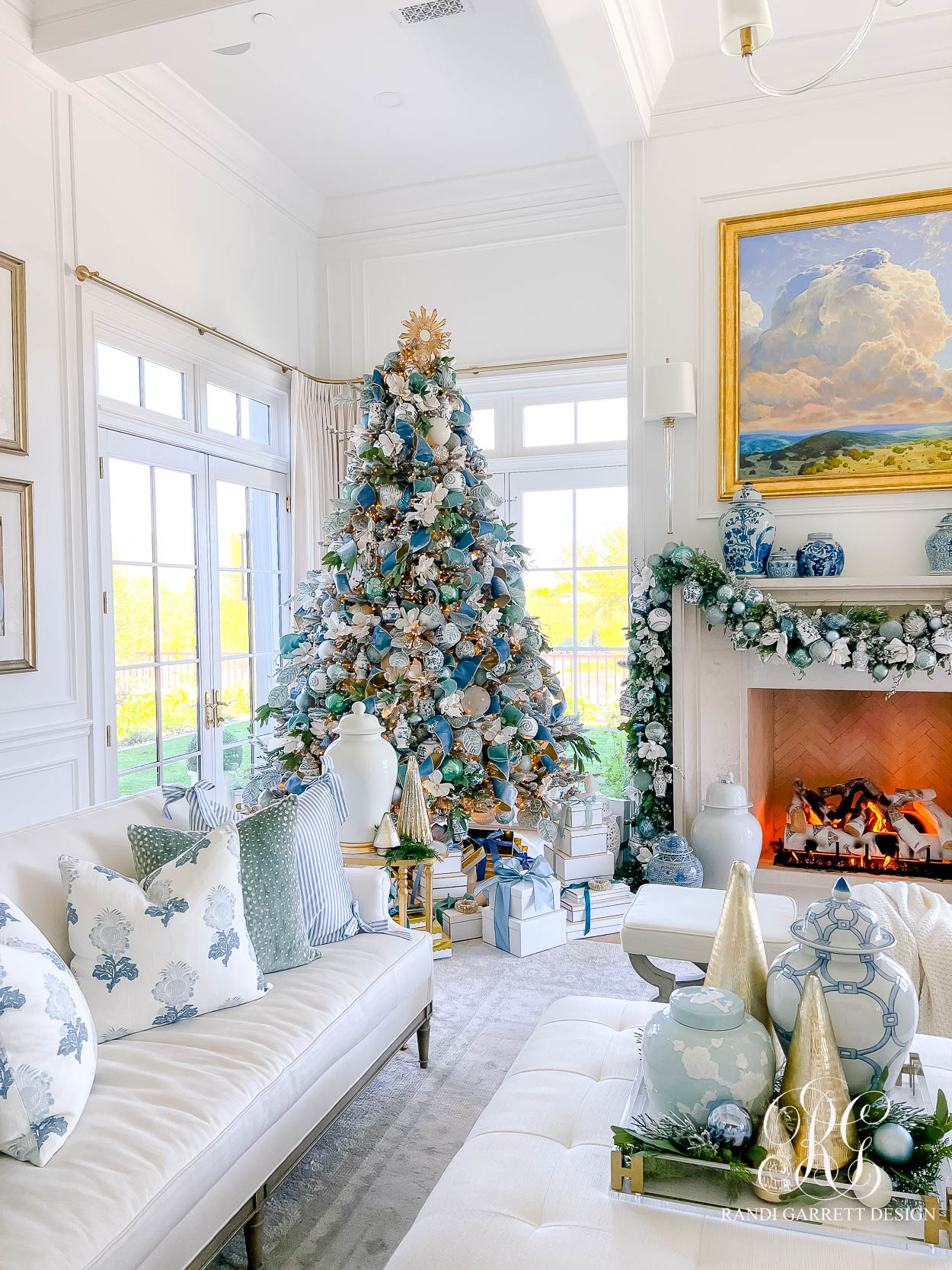 Elegant Blue and White Christmas Family Room