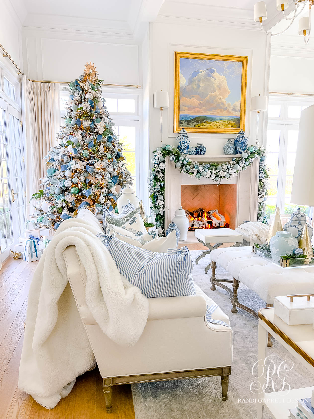 Blue and White Christmas Family Room