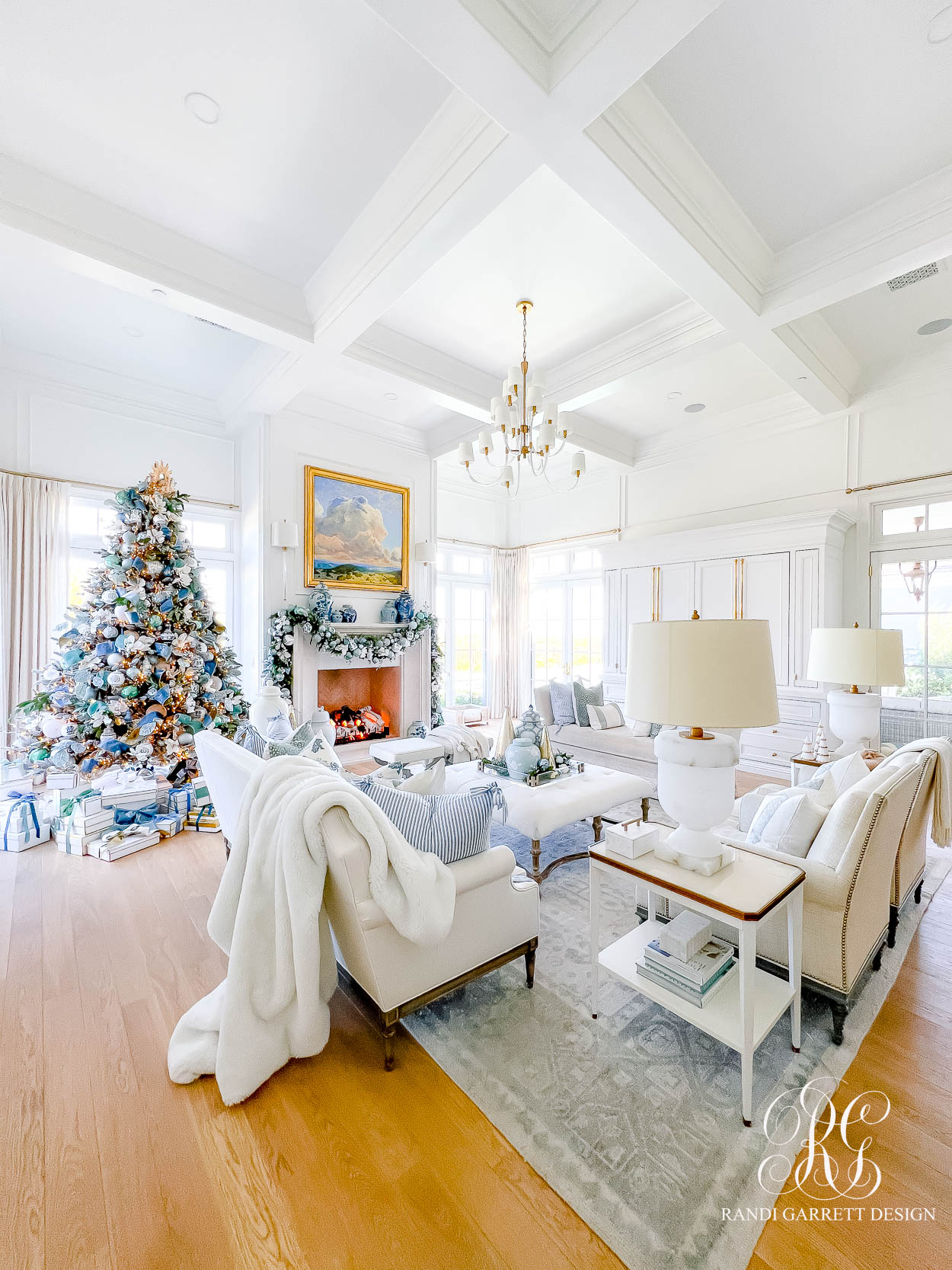 Blue and White Christmas Family Room