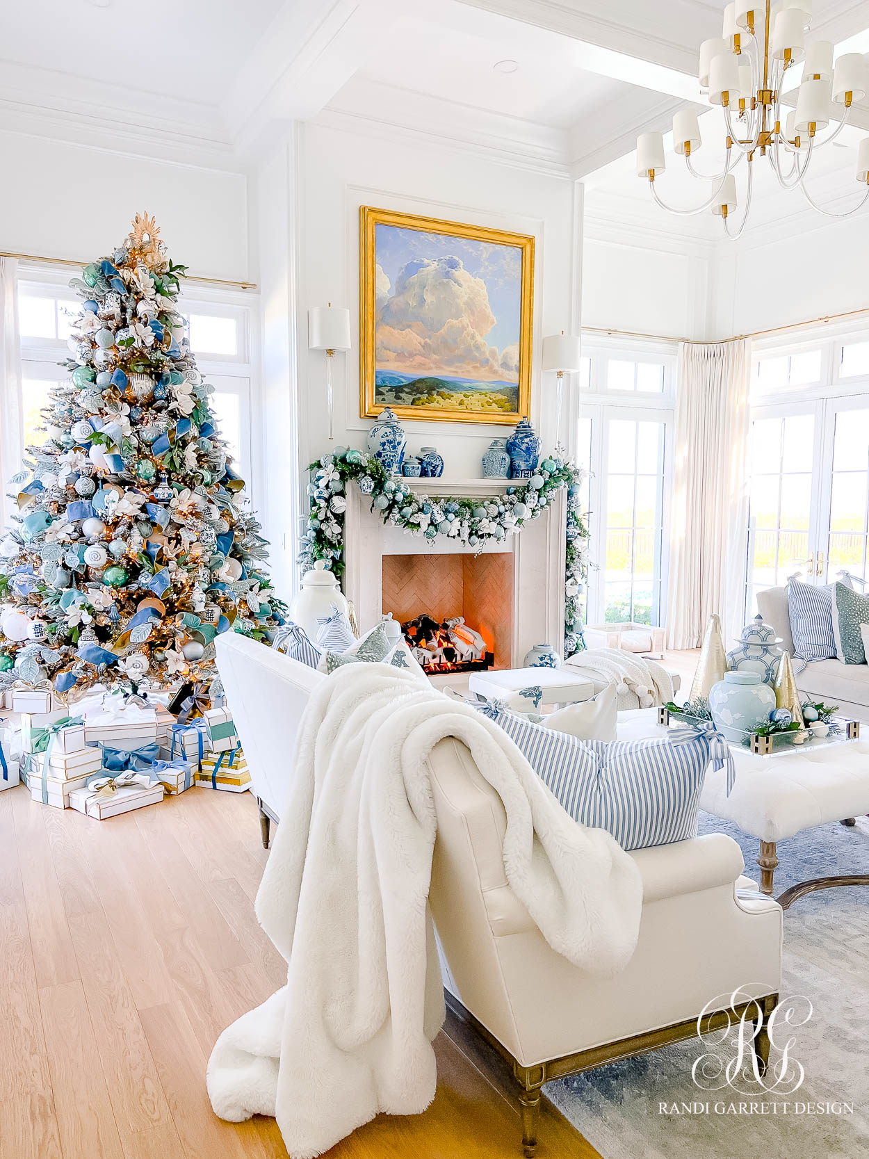 Blue and White Christmas Family Room