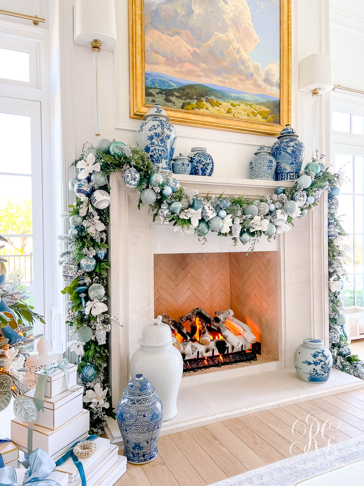 Blue and White Christmas Family Room ginger jar mantel