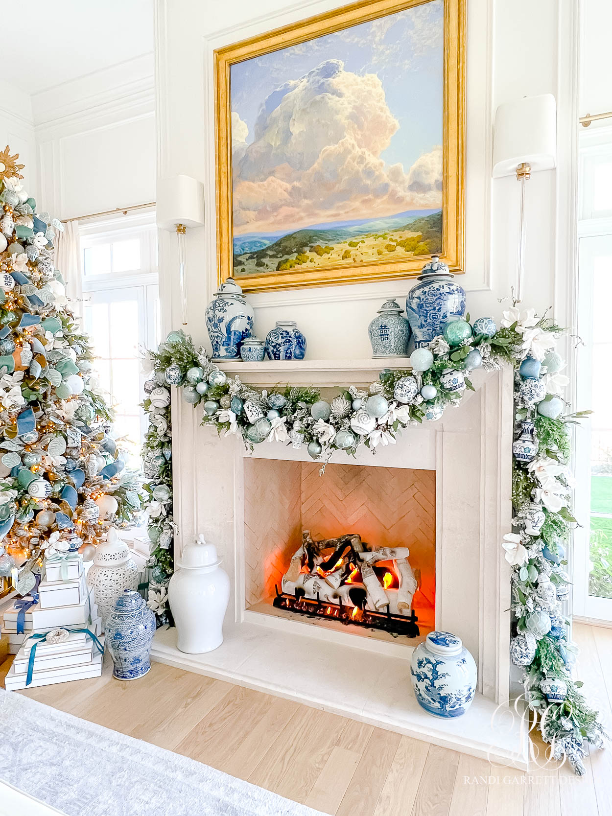 Blue and White ginger jar Christmas mantel