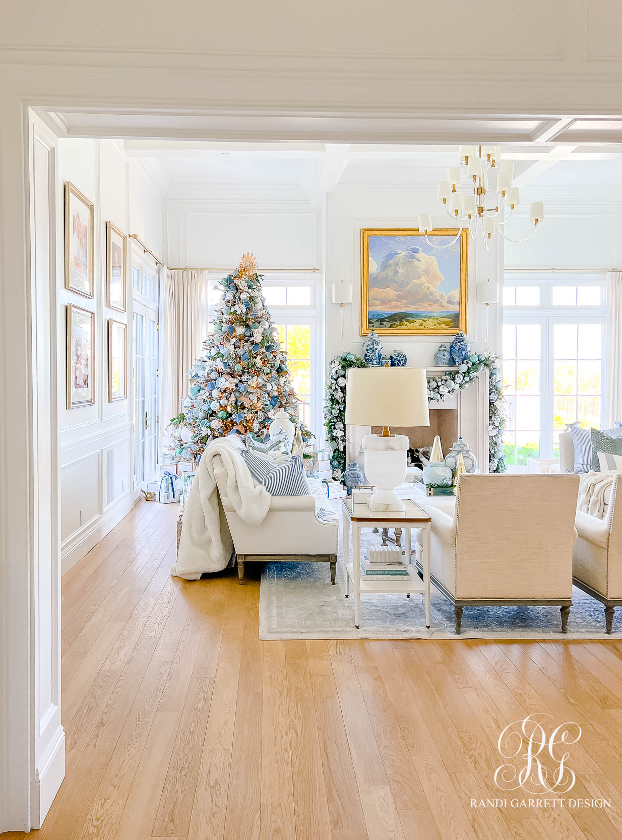 Blue and White Christmas Family Room