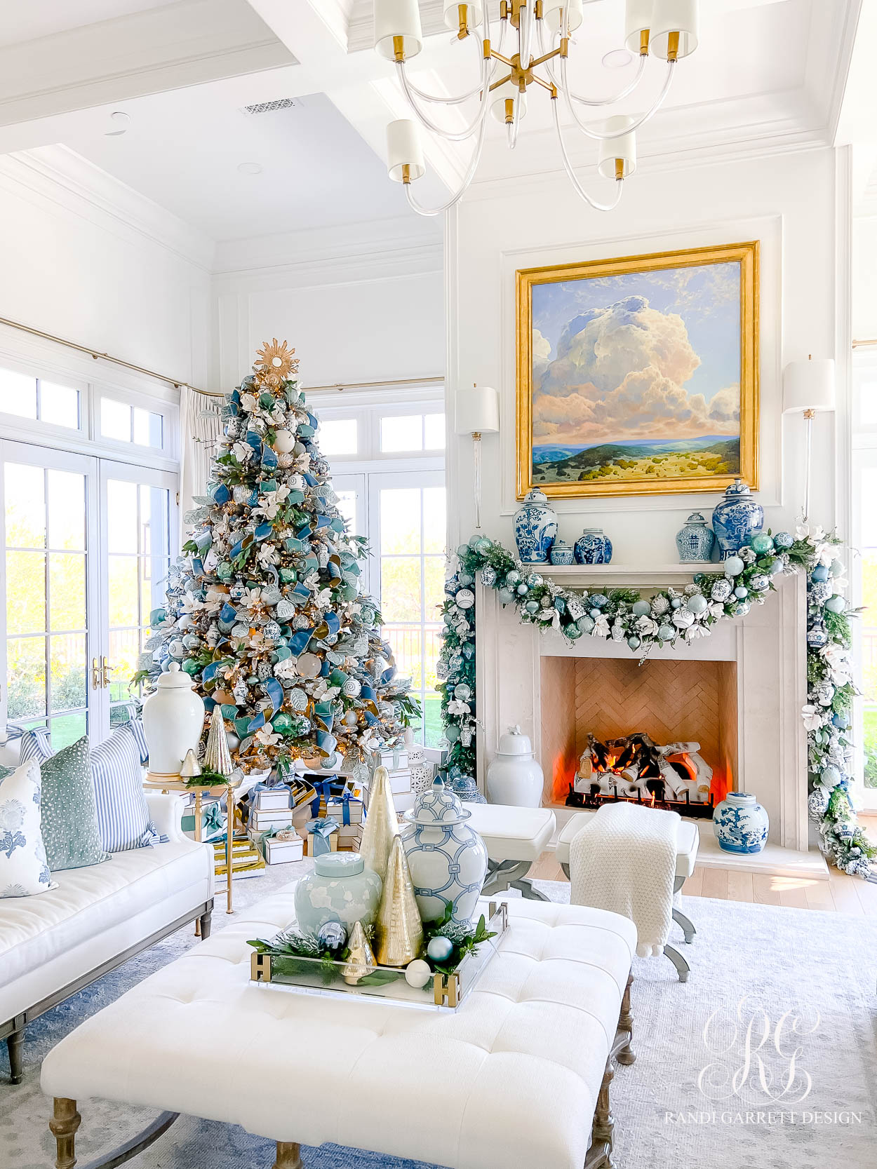 Blue and White Christmas Family Room