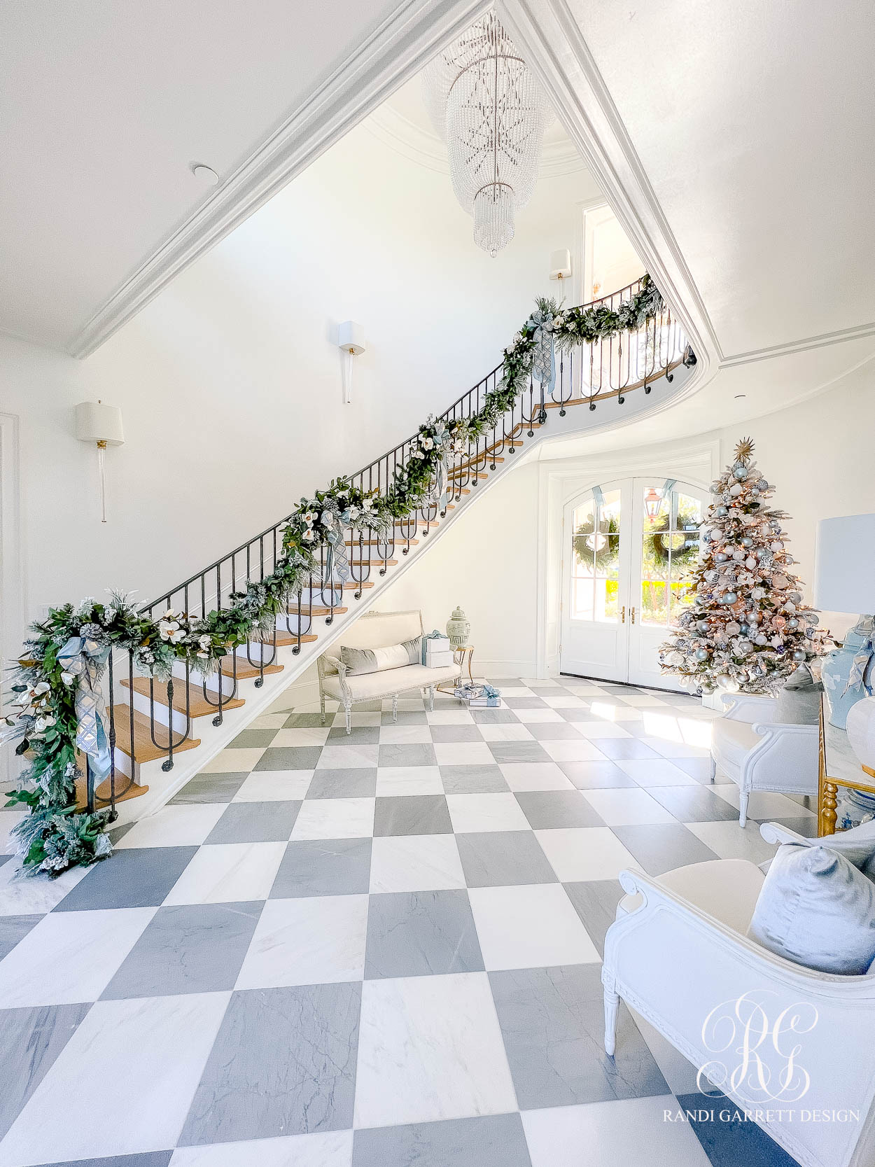 The Wren's Blue + White Christmas Entryway checkered floor french design