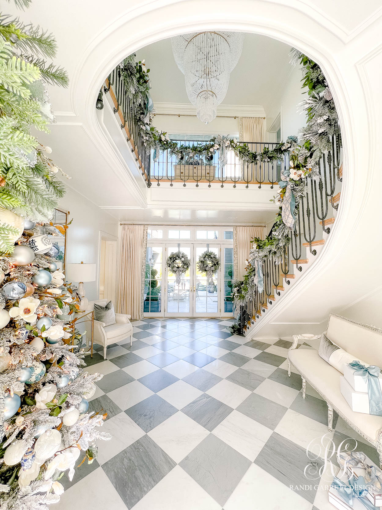 The Wren's Blue + White Christmas Entryway checkered floors