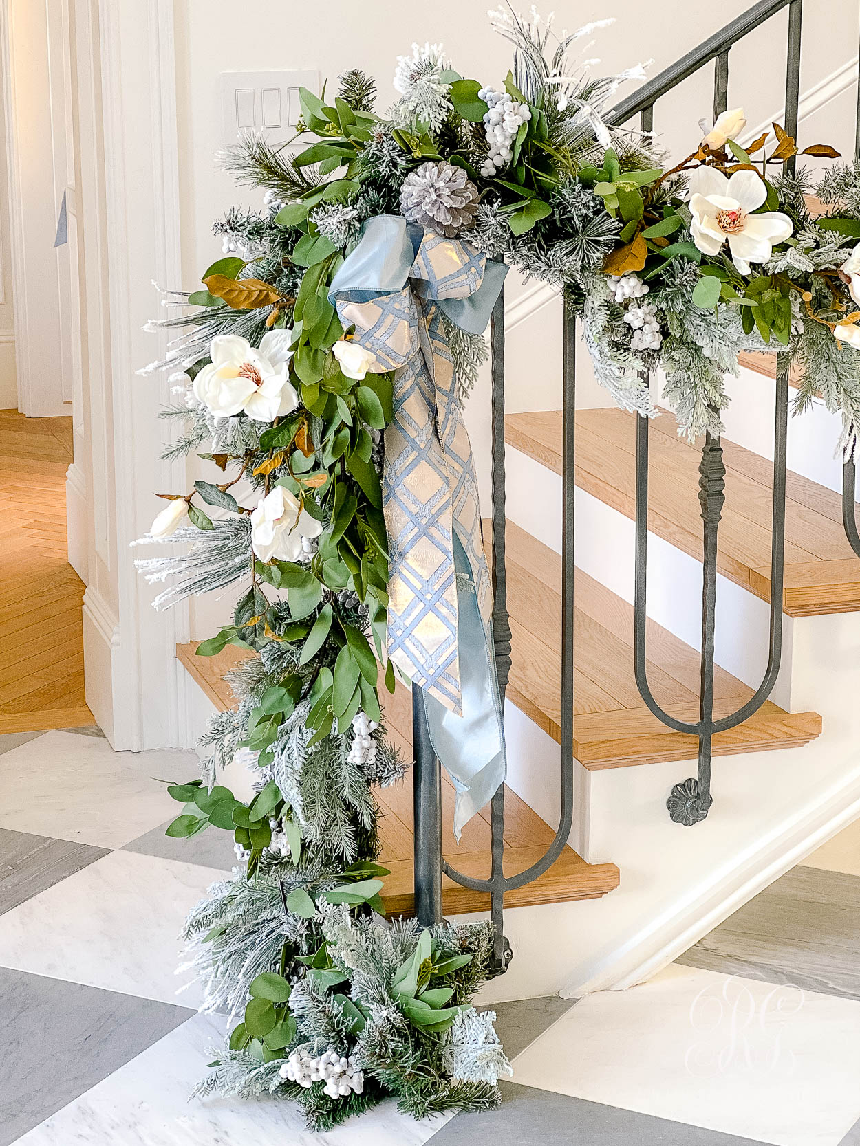 Christmas stair garland pine eucalyptus magnolia