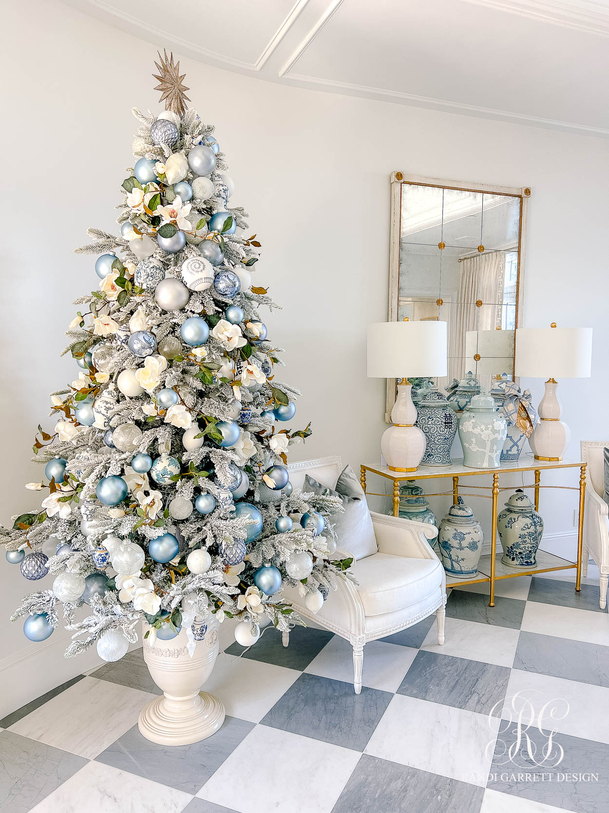 blue white christmas tree French urn entryway 