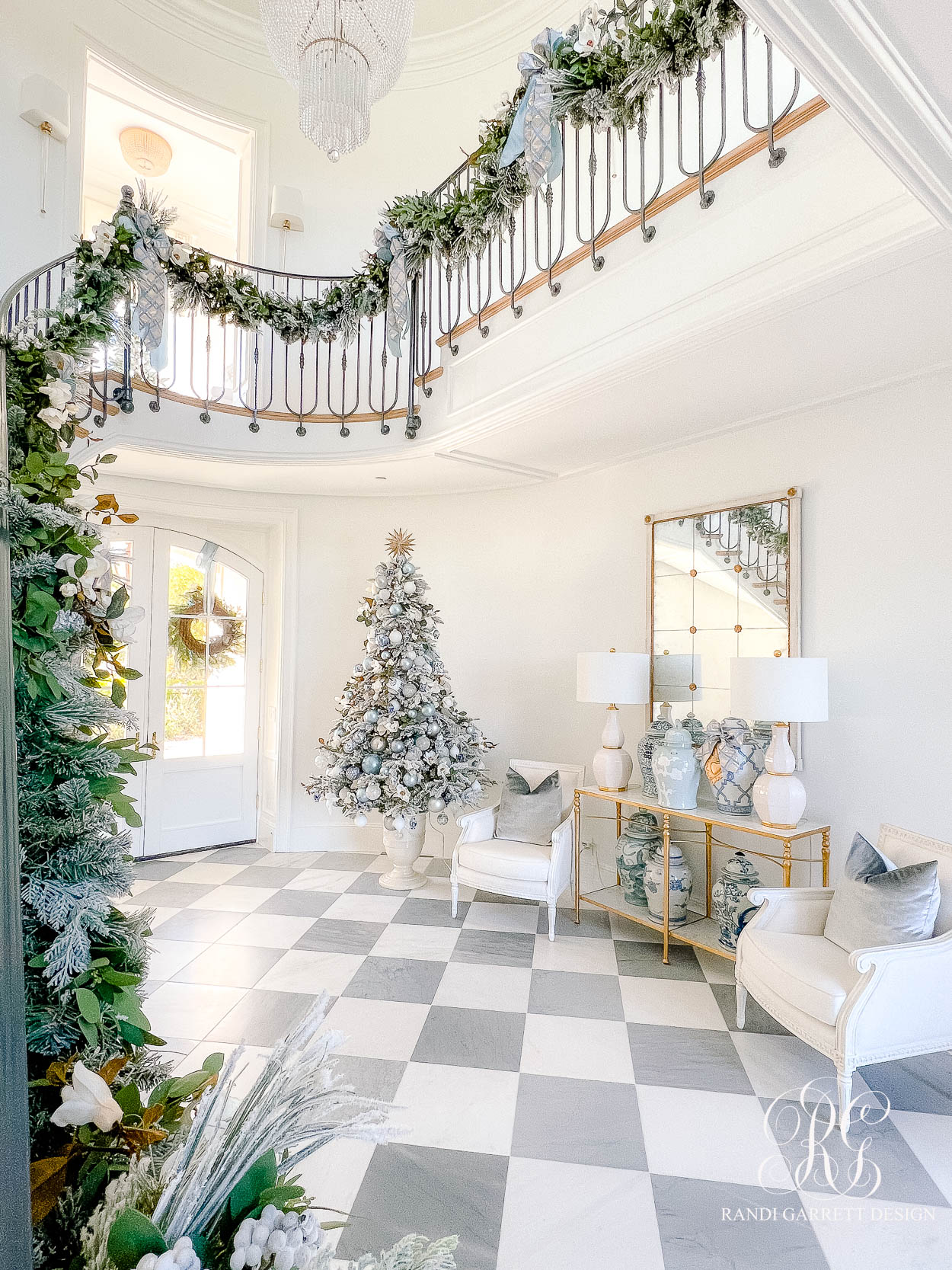 The Wren's Blue + White Christmas Entryway french checkered floors