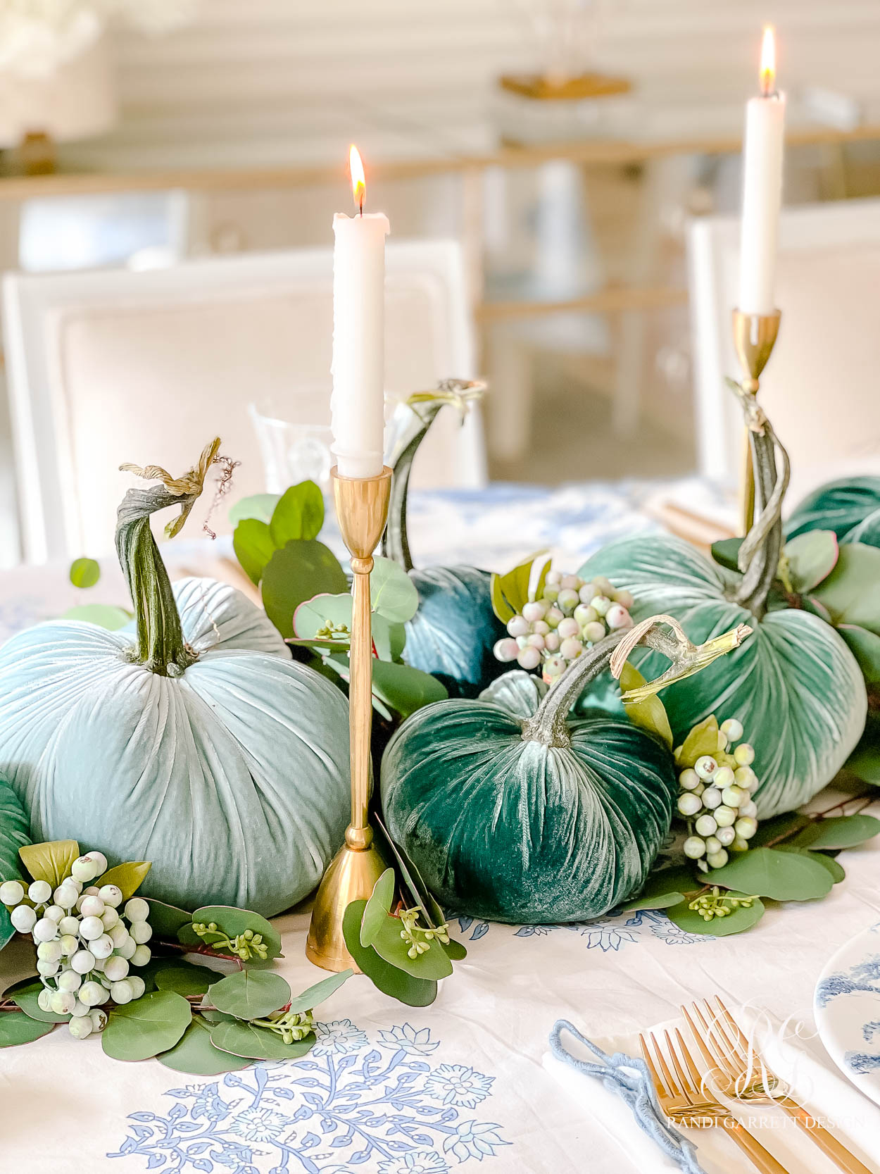 Simple Velvet Pumpkin + Eucalyptus Thanksgiving Table