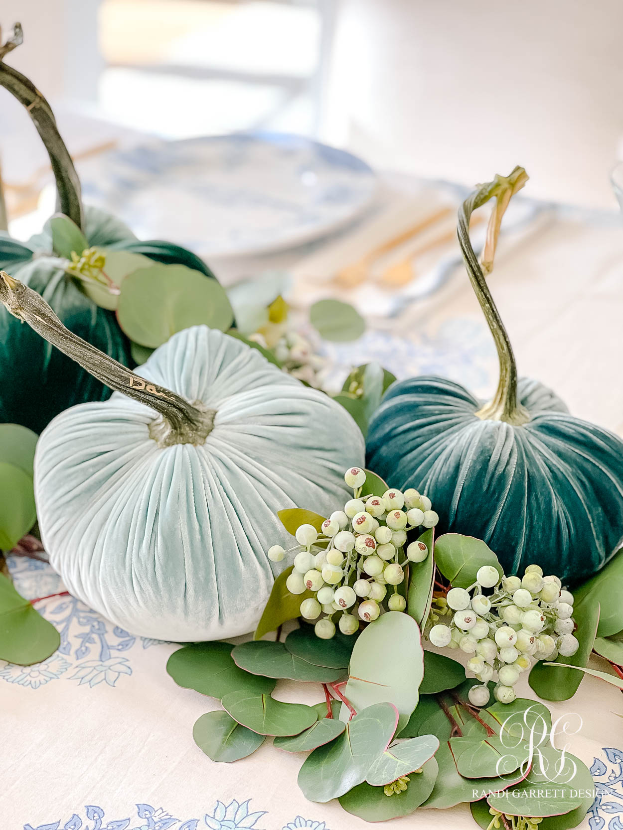Simple Velvet Pumpkin + Eucalyptus Thanksgiving Table