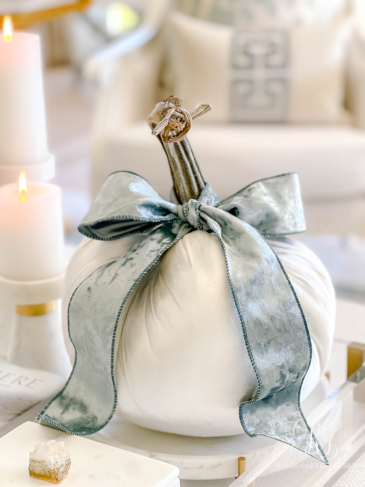 Luxe Blue and White Fall Family Room velvet pumpkin