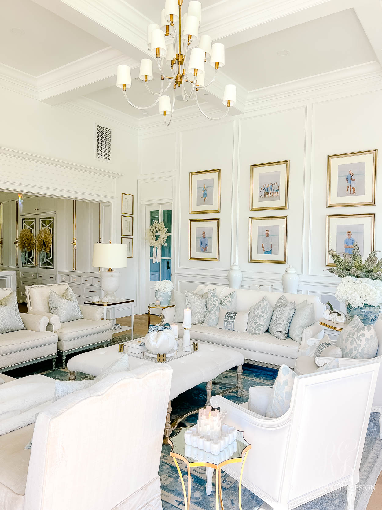 Luxe Blue and White Fall Family Room 