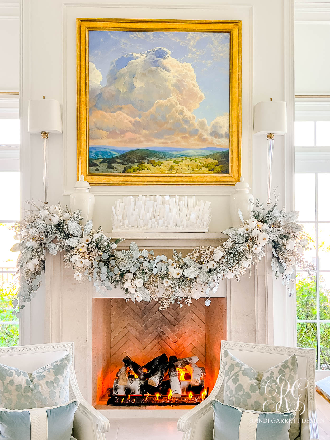 Dusty Blue Chinoiserie Christmas Family Room christmas mantel