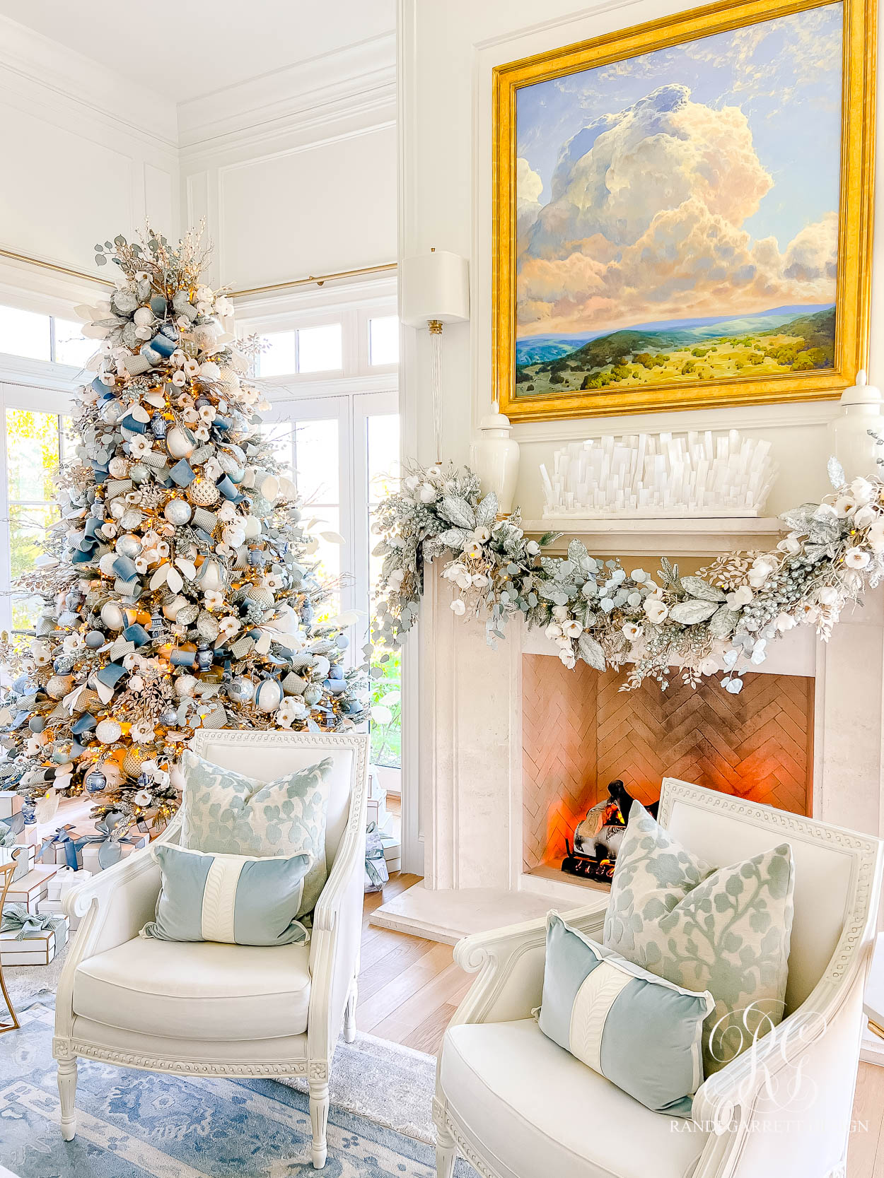 Dusty Blue Chinoiserie Christmas Mantel Family Room