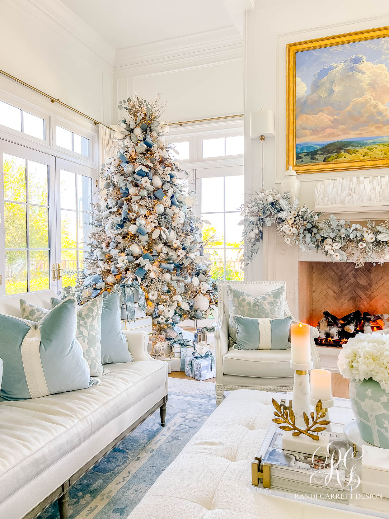 Dusty Blue Chinoiserie Christmas Family Room