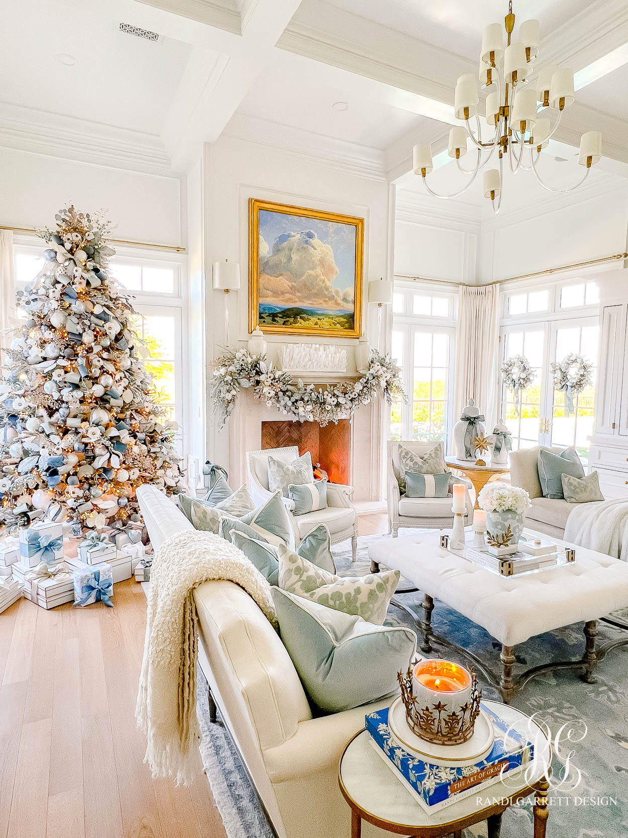 Dusty Blue Chinoiserie Christmas Family Room