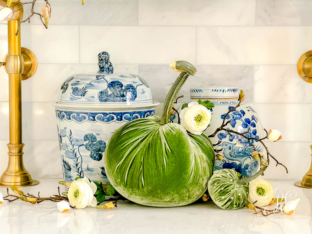 Fall in the Butler’s Pantry ginger jars sage velvet pumpkin fall decor