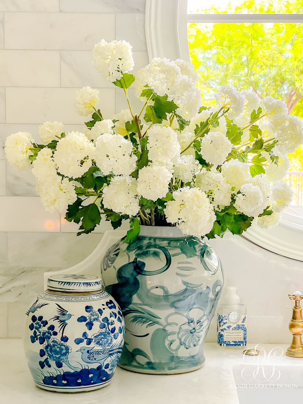 Fall in the Butler’s Pantry snowball hydrangeas ginger jars