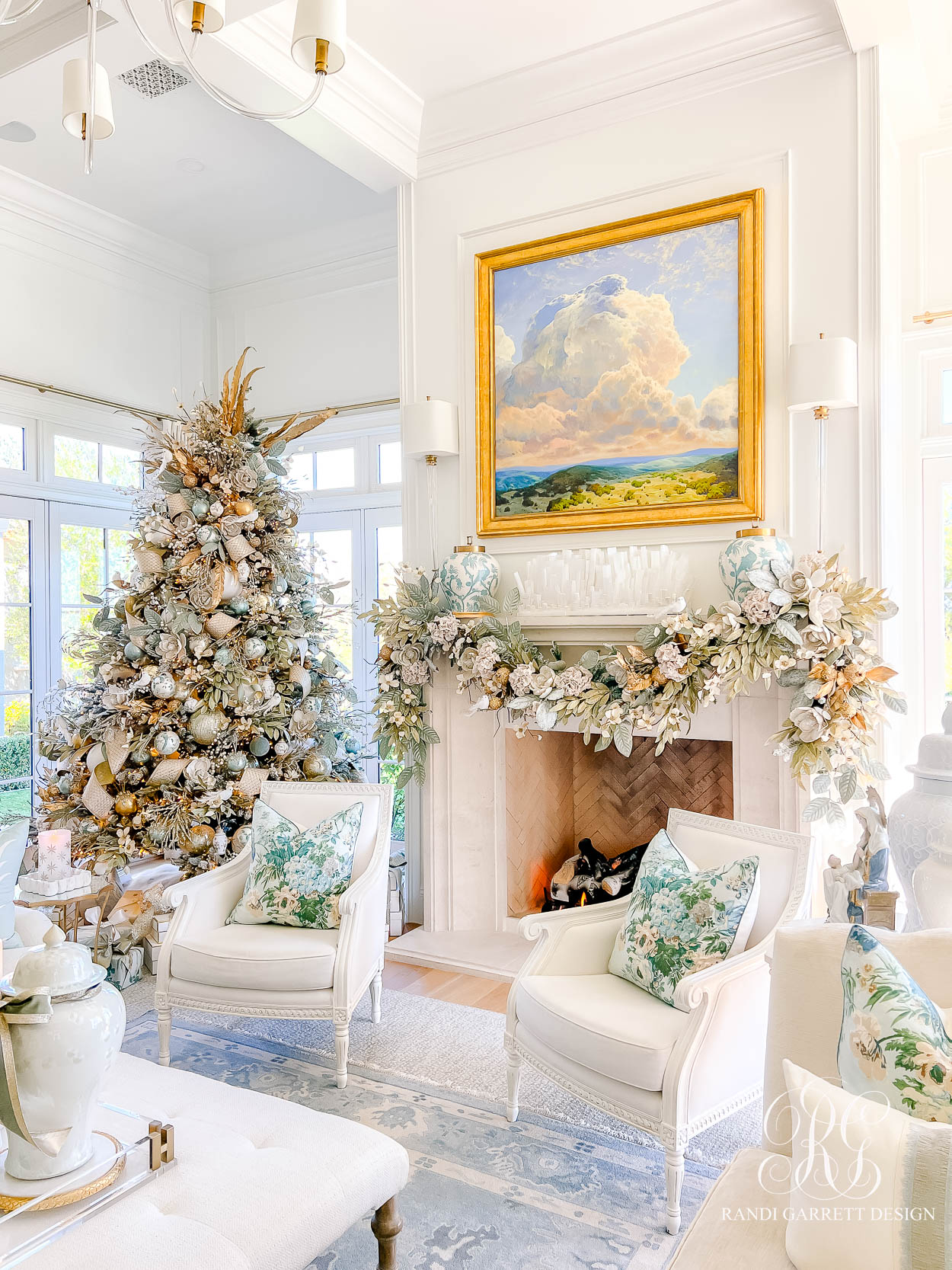 A Chinoiserie-Inspired Christmas Family Room Christmas mantel garland