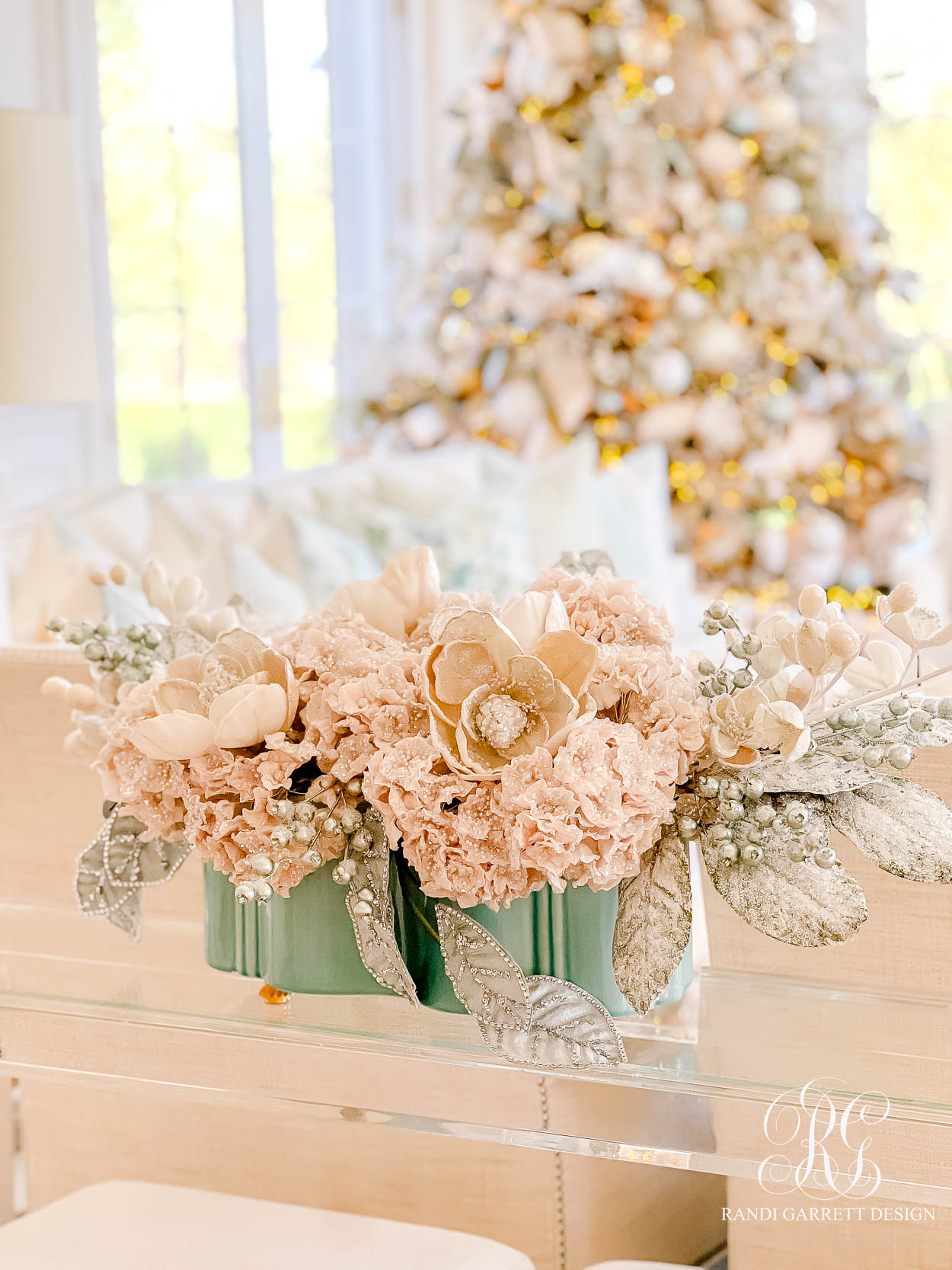 Frosted hydrangea Christmas arrangement