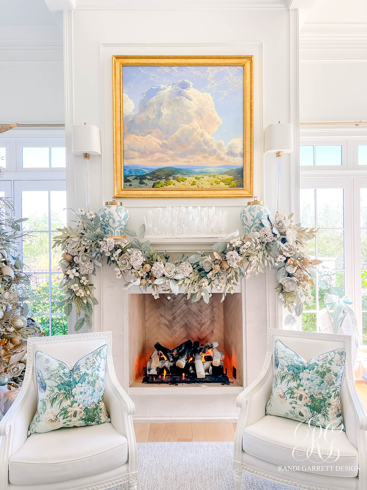 A Chinoiserie-Inspired Christmas Family Room Christmas mantel garland