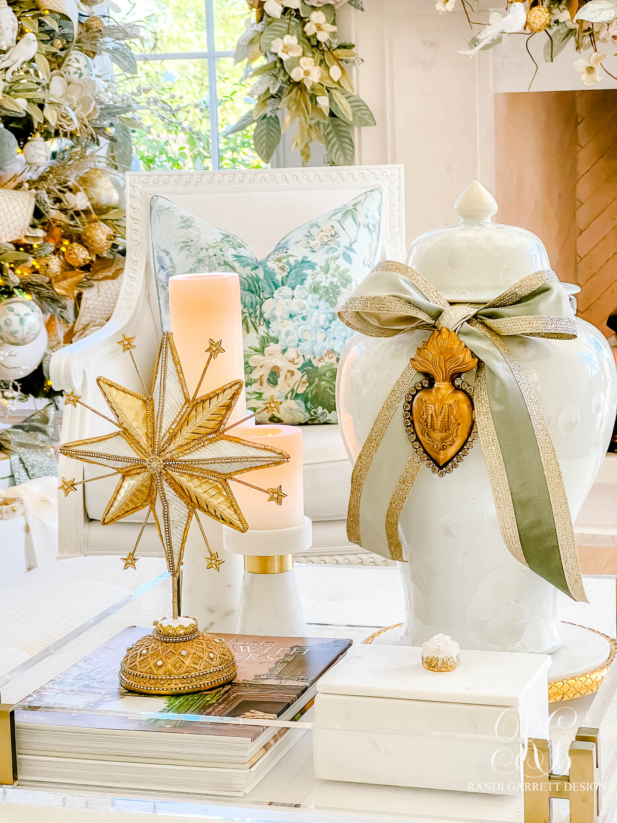 Christmas coffee table styling ginger jar sacred heart