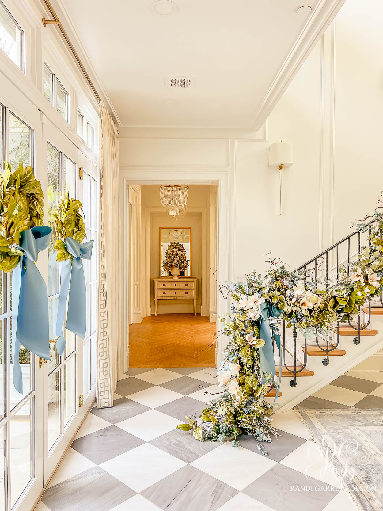 Windows Dressed for the Season: Magnolia Wreaths & Blue Ribbon